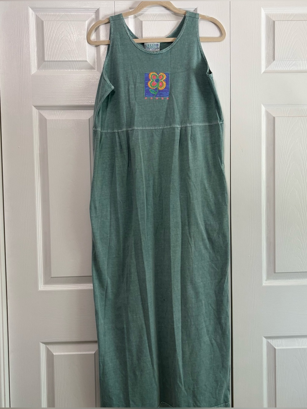 Vintage Fresh Produce Maxi Dress Garden Flowers Green Cotton Large Cottagecore